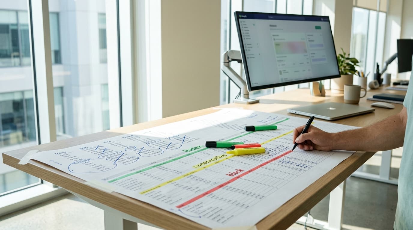 Hand writes on a large paper chart with "index," "canonicalize," "block" columns, highlighters.