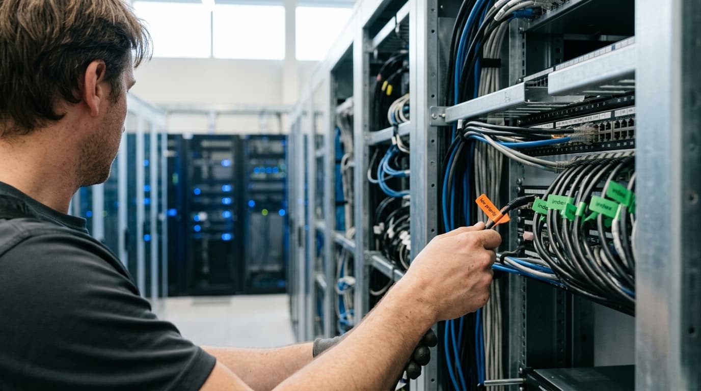 Man connects an orange-labeled network cable into a server rack, surrounded by bundled cables.