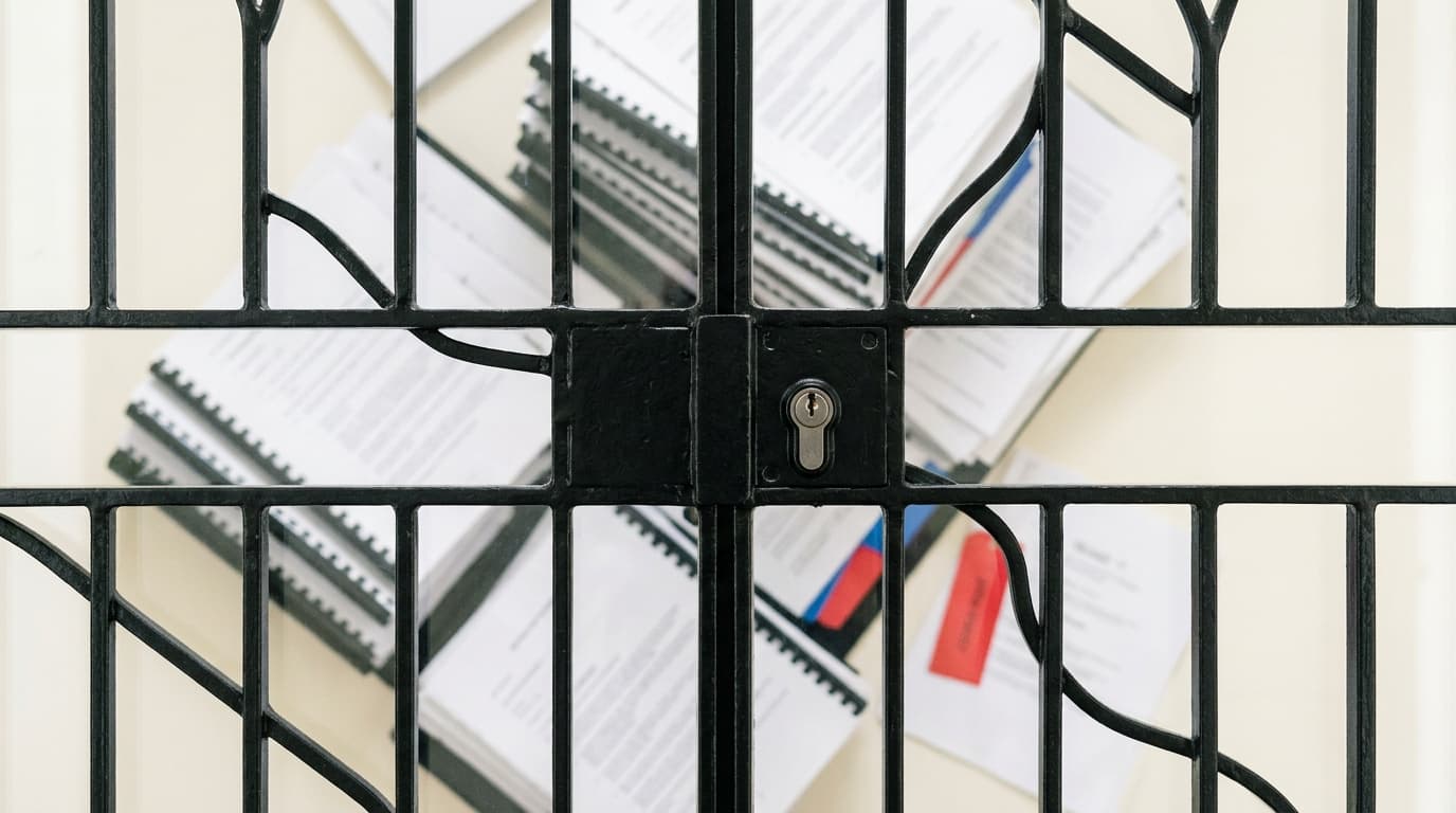 Black metal gate with a keyhole lock, partially obscuring stacks of spiral-bound documents.