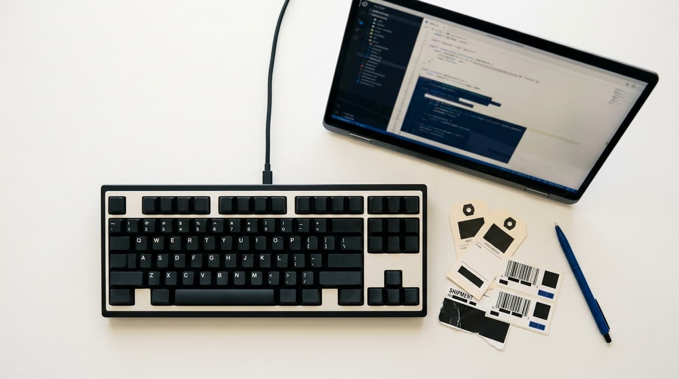 Black and cream keyboard connected to a laptop showing code, next to shipping labels and a blue pen.