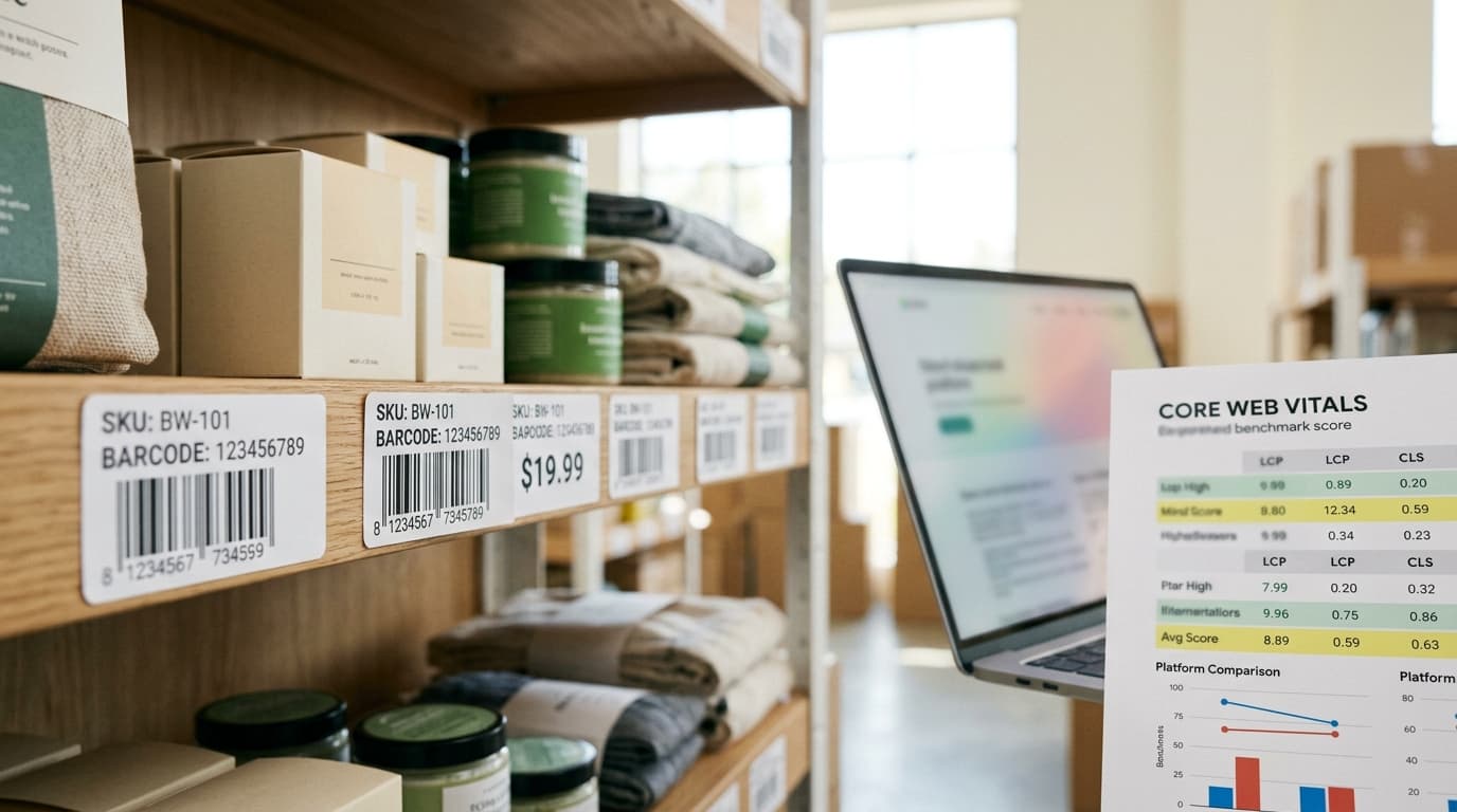 Products with barcode labels on wooden shelves next to a document showing "Core Web Vitals" data and a laptop.