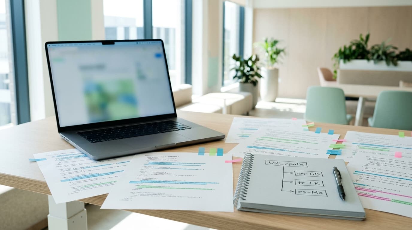 Laptop, highlighted code documents with sticky notes, and a notebook with a URL/path language diagram on a desk.