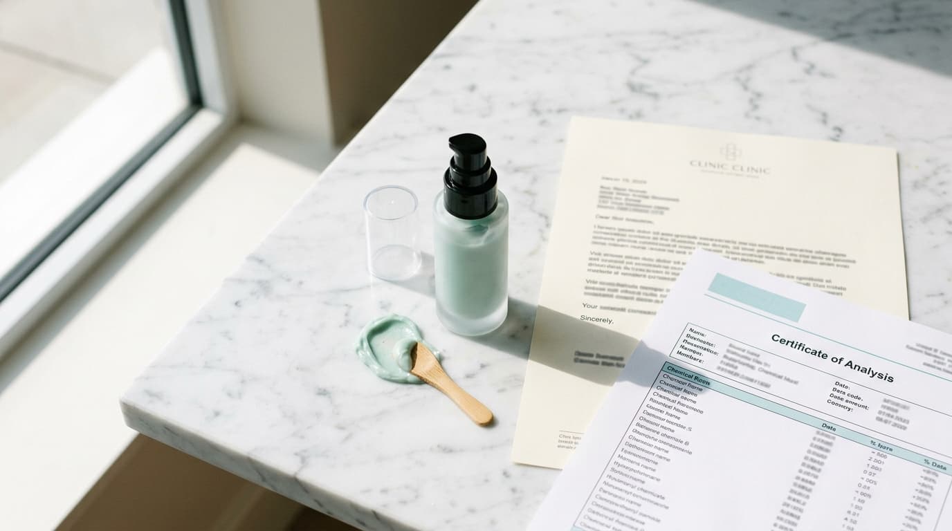 Frosted blue bottle, green cream on spoon, with "Clinic Clinic" letterhead and "Certificate of Analysis".