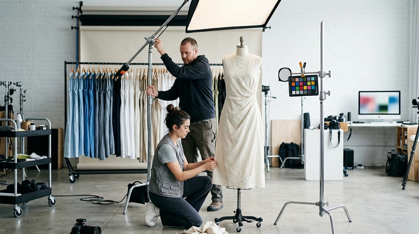 Two people prepare for a fashion photoshoot, adjusting a dress on a mannequin and a studio light.