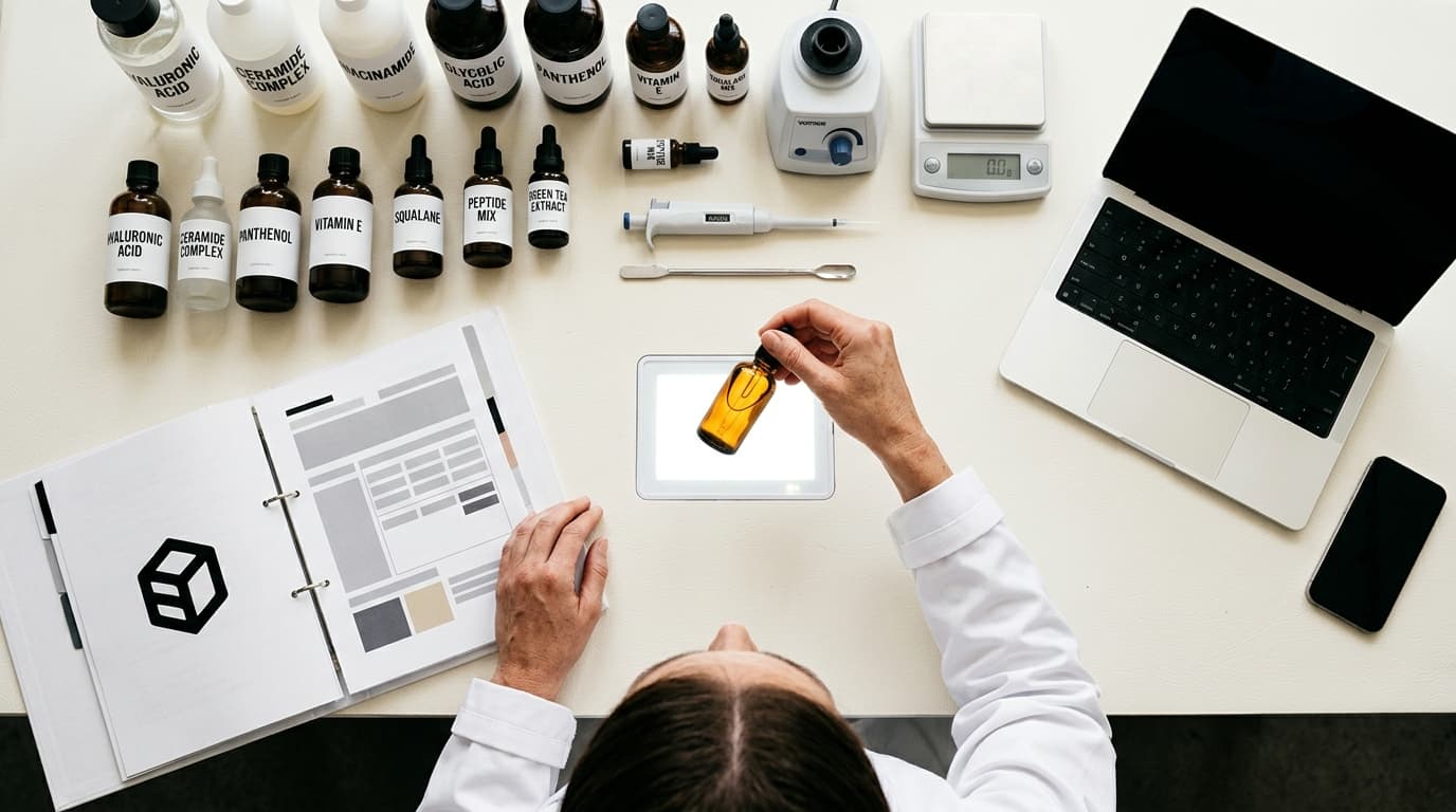 Person in lab coat holds an ingredient bottle over a tablet, alongside other cosmetic ingredients and lab equipment.