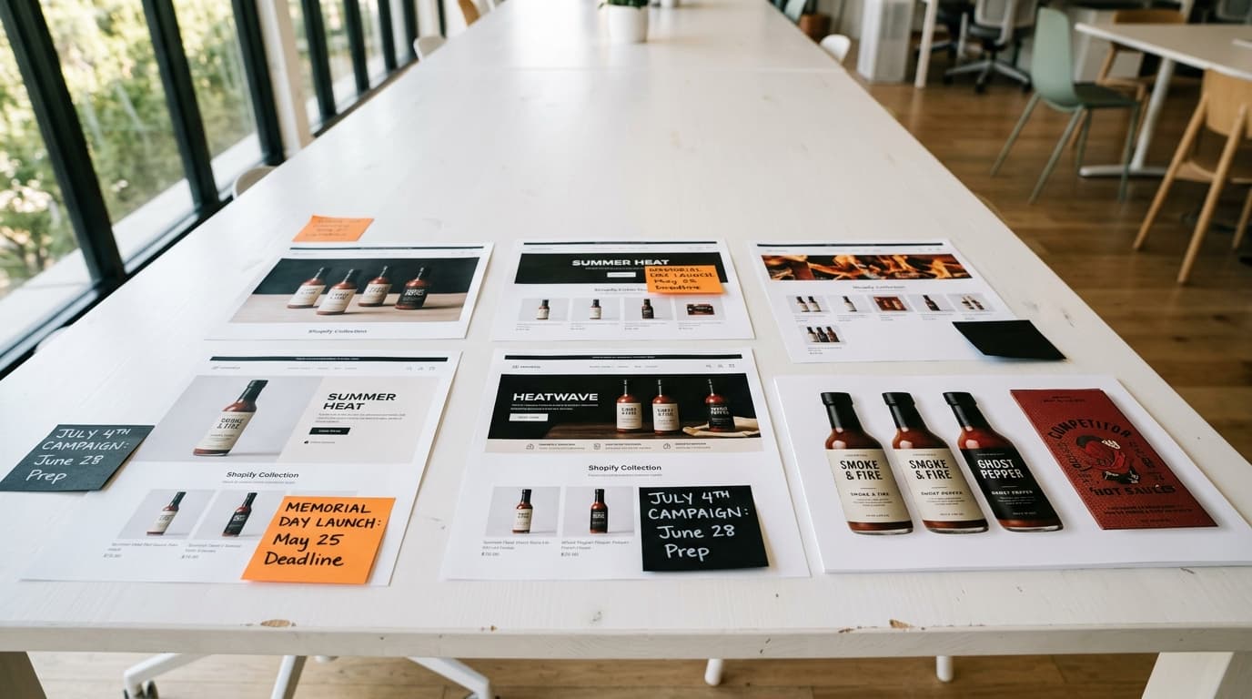 Printouts of hot sauce product pages and marketing campaign notes on a long white table.