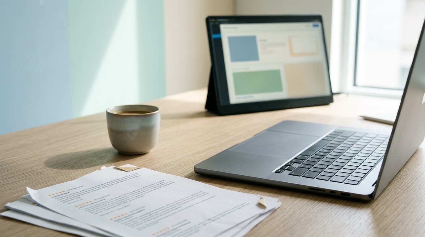 Papers, coffee cup, laptop, and tablet showing a dashboard on a light wooden desk.