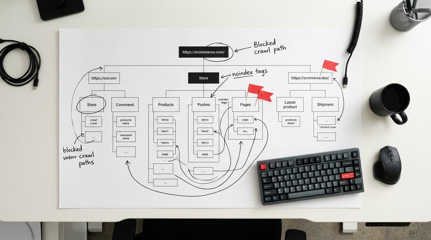 Website crawl path diagram on paper, showing URLs, blocked paths, and noindex tags, with keyboard and mouse.