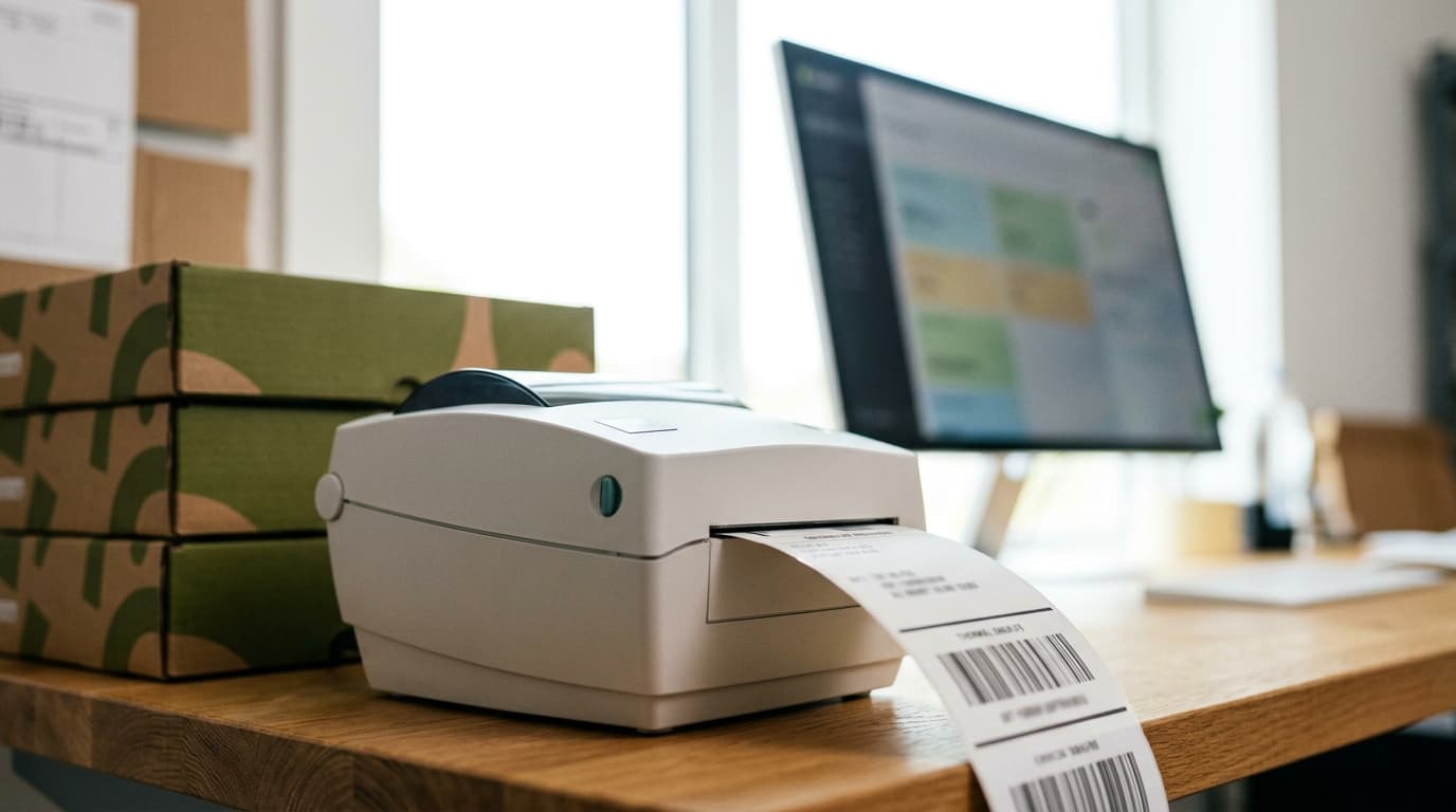 A label printer prints a shipping label next to stacked boxes on a wooden desk, with a monitor in the background.