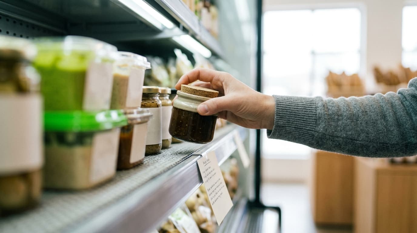 Hand in a gray sweater selects a small jar with a cork lid from a store shelf.