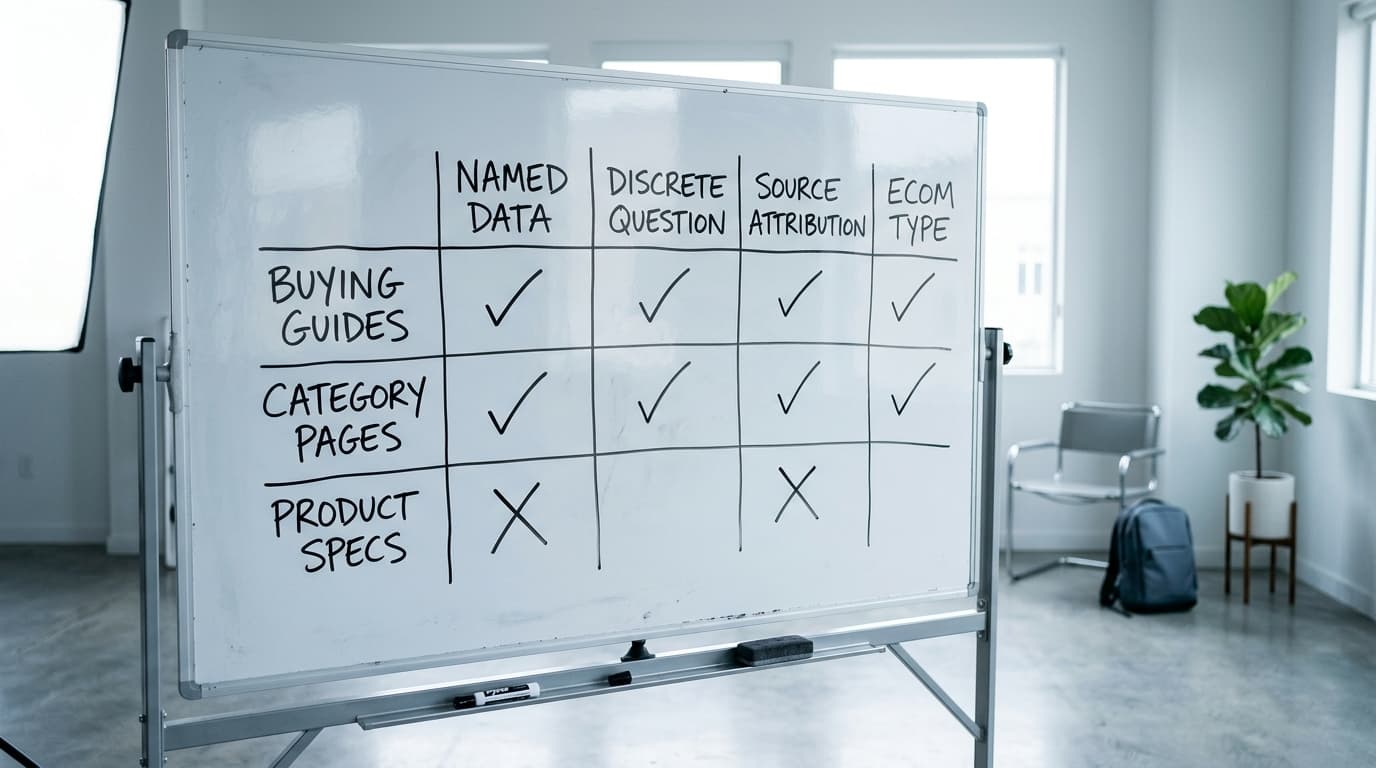 Whiteboard displays a comparison table with content types: Buying Guides, Category Pages, Product Specs.