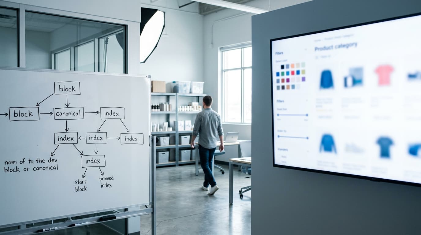 Whiteboard with a technical flowchart, a man walking in an office, and a monitor displaying an eCommerce product page with filters.
