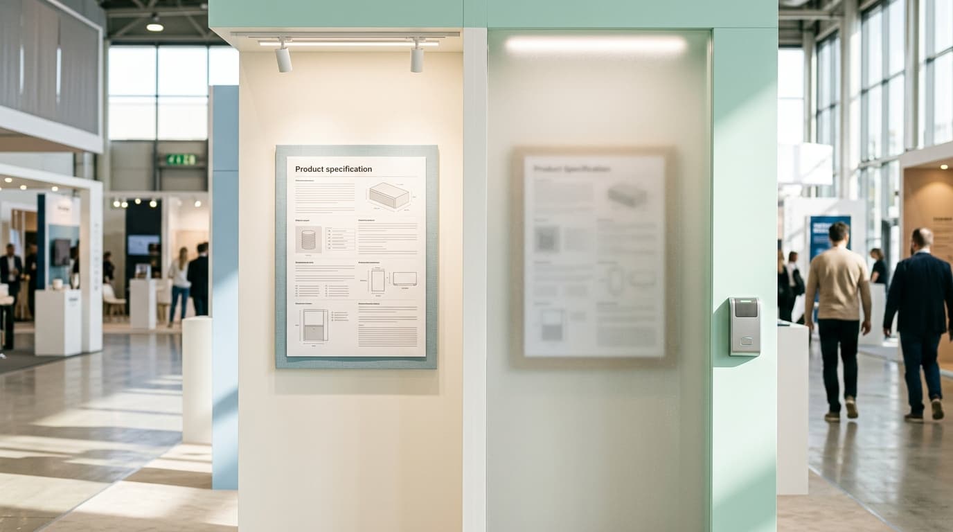 Product specification sheet on a display stand and an access control device at an exhibition.