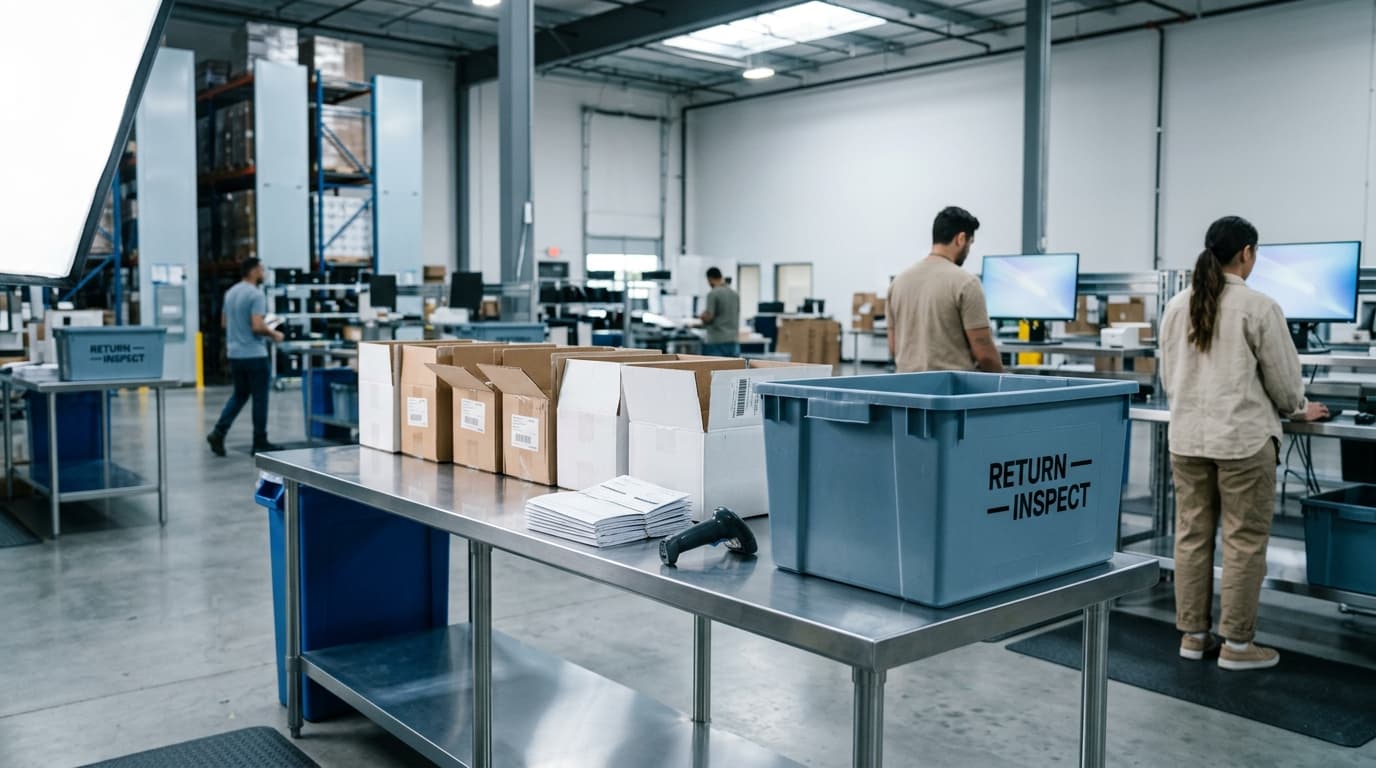 Fulfillment center with workers inspecting returns at tables with boxes and scanners.
