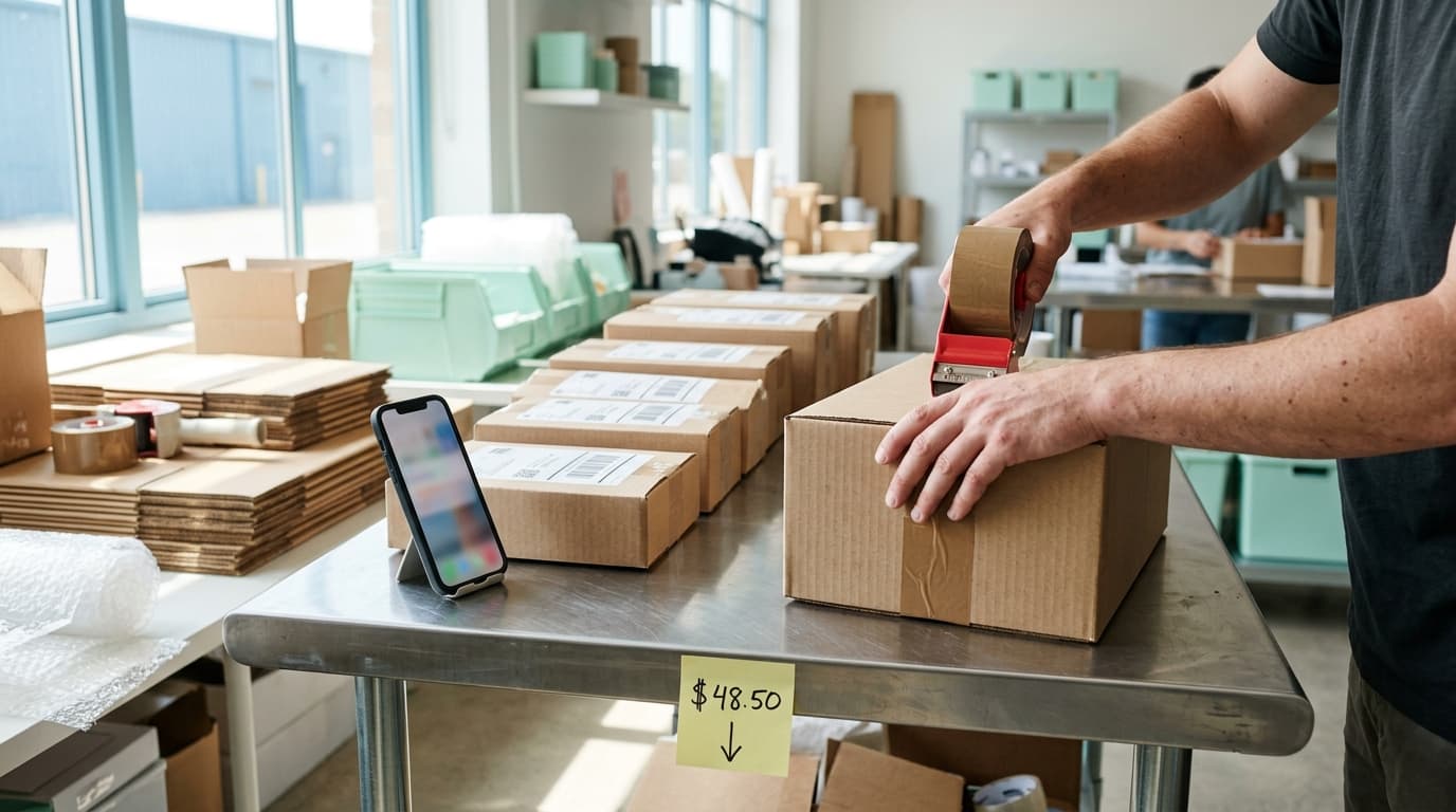 Hands tape a shipping box on a metal table, with other boxes, a smartphone, and a "$48.50" sticky note.