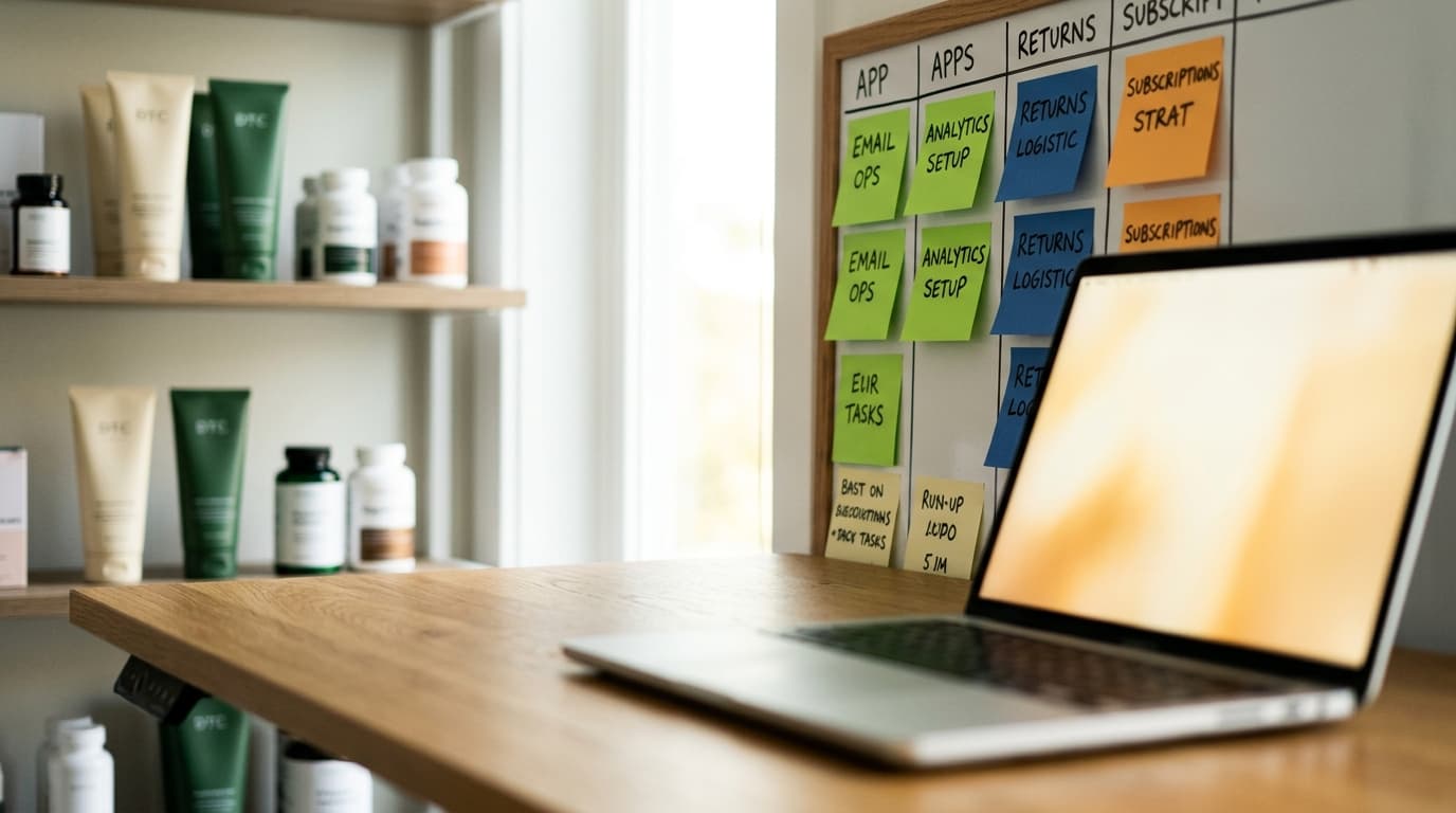 Laptop on a wooden desk, a whiteboard with task notes, and shelves of products.
