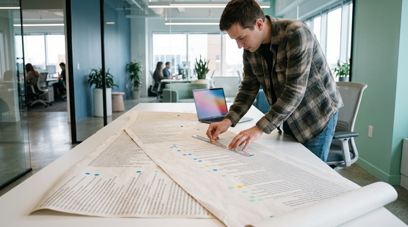 Man in plaid shirt uses a ruler on large documents with text and colored dots. Laptop in background.