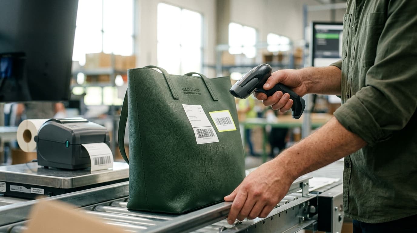 Person scans a green tote bag labeled 'Vegan Leather' with a barcode scanner on a conveyor.