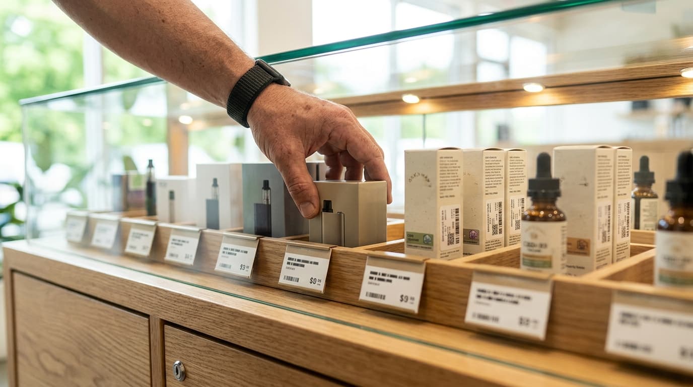 Hand picking up a vape device box from a wooden display case with CBD oil bottles and price tags.