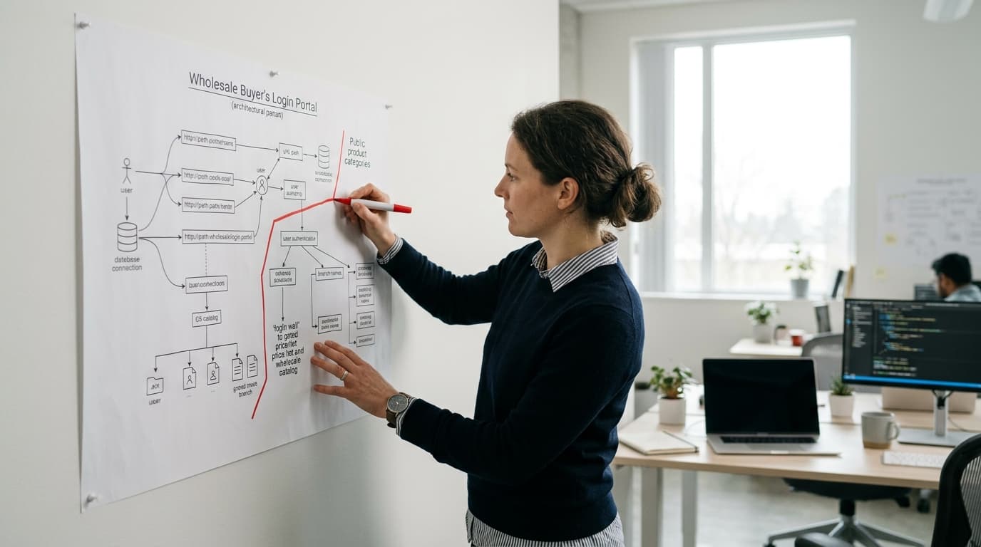 Woman making a red mark on a large "Wholesale Buyer's Login Portal" diagram on a wall.