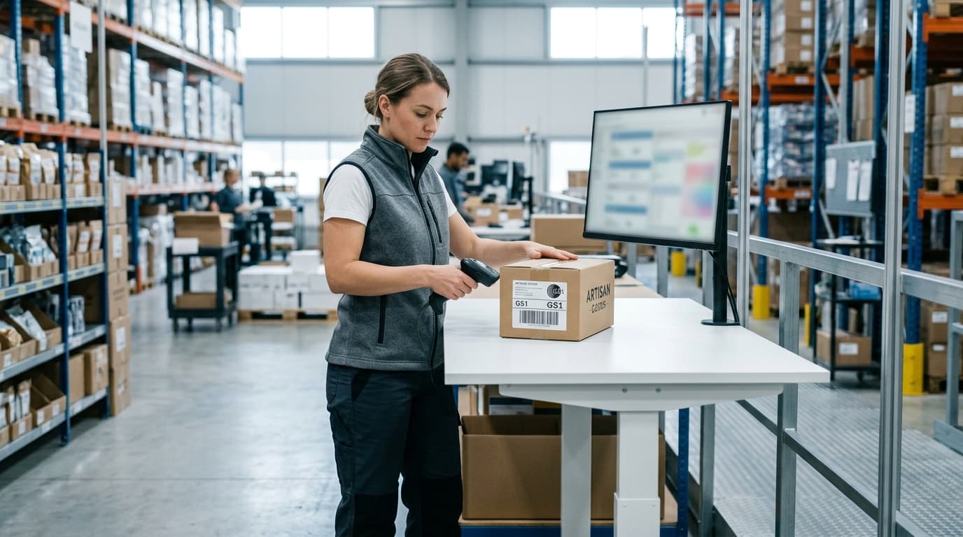 Woman in a warehouse scanning a box with a barcode scanner next to a computer monitor.