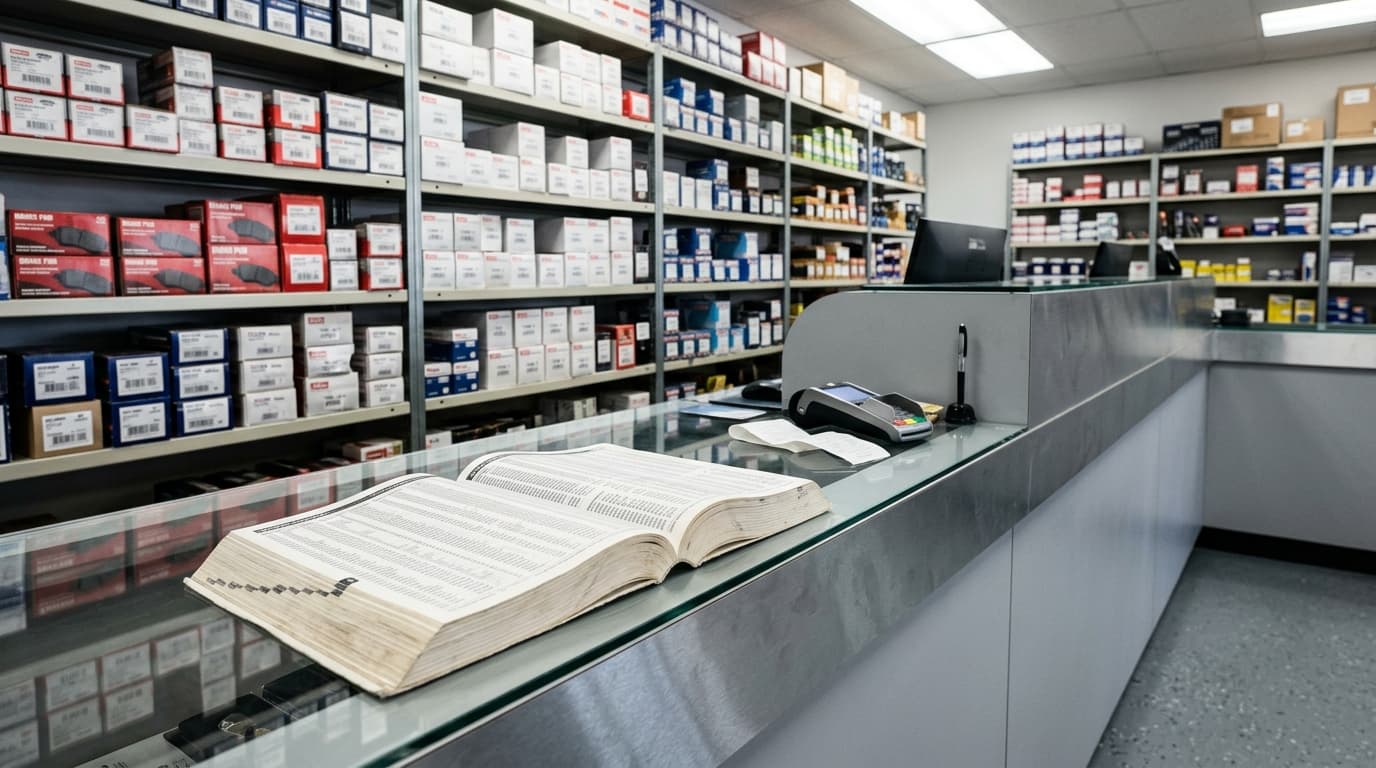 Open catalog and payment terminal on a store counter, with shelves of auto parts in the background.