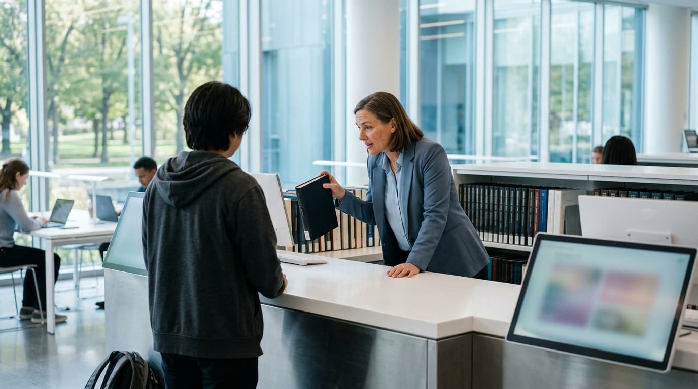 Woman hands a book to a person at a library counter, others work on laptops.