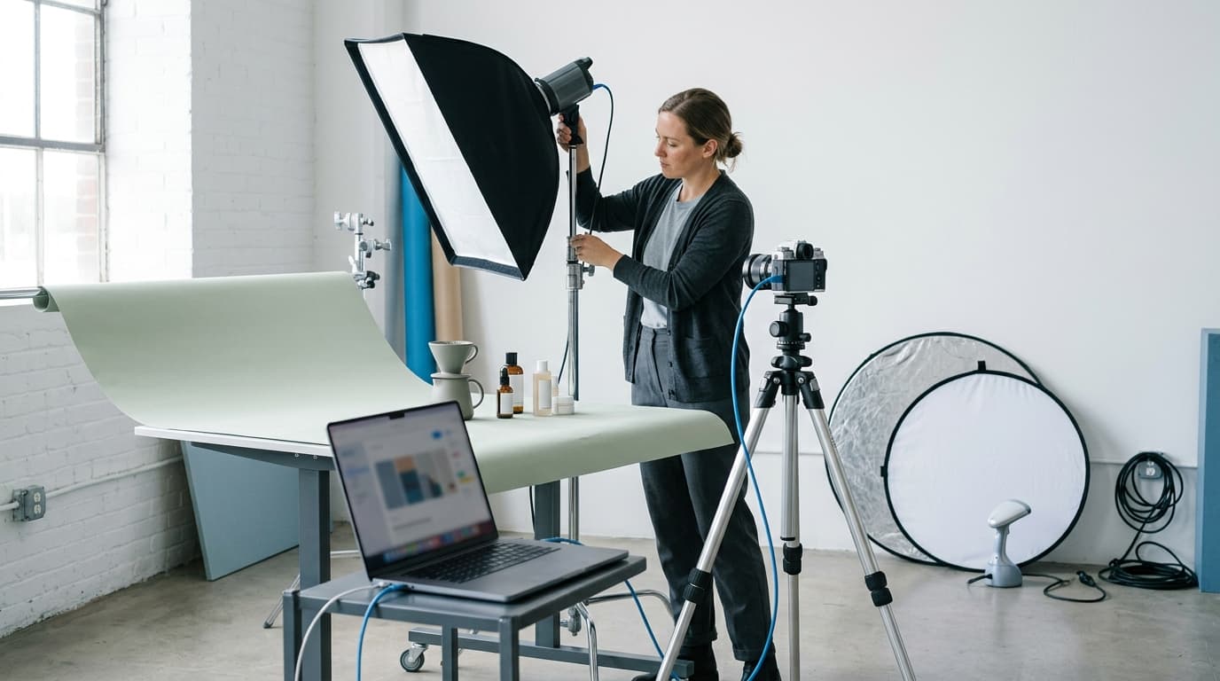 Woman adjusts a softbox light over beauty products on a green backdrop in a photo studio.