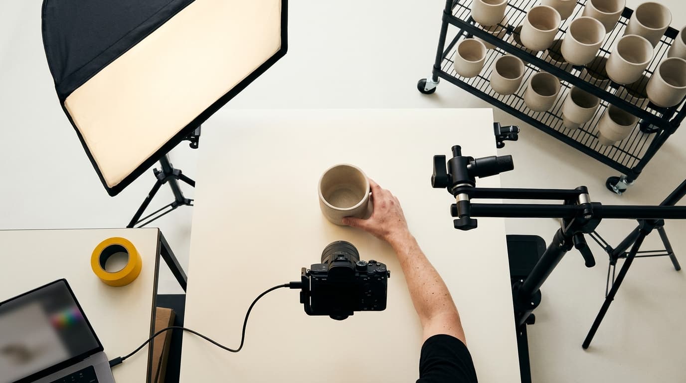 Product photography setup with a hand placing a ceramic cup, a camera, softbox, and several other cups.