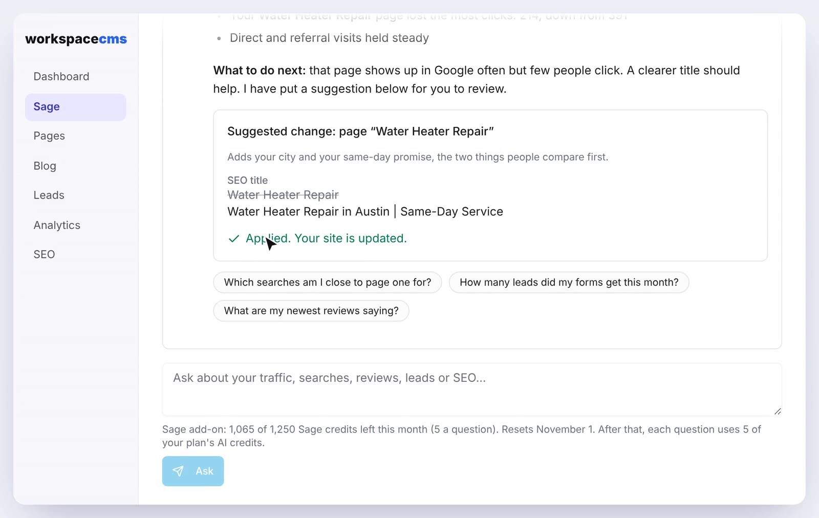 Sage AI assistant answering a question about website traffic